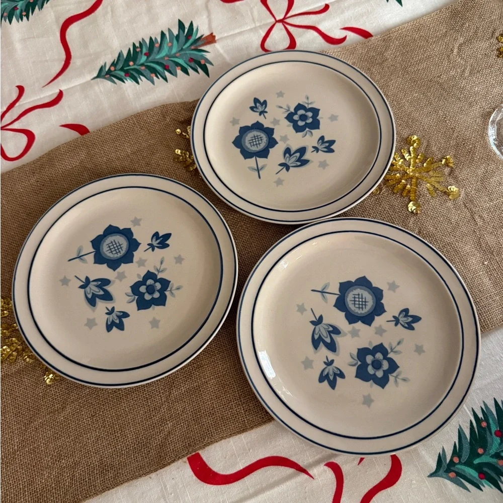 Daekor Designs Tudor Blue Stoneware Salad/Dessert Plates, Cottagecore Set of 3